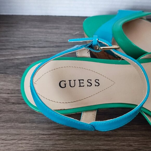 Guess wedge heel sandals blue & green cork sole women's size 8 ? - Picture 9 of 11
